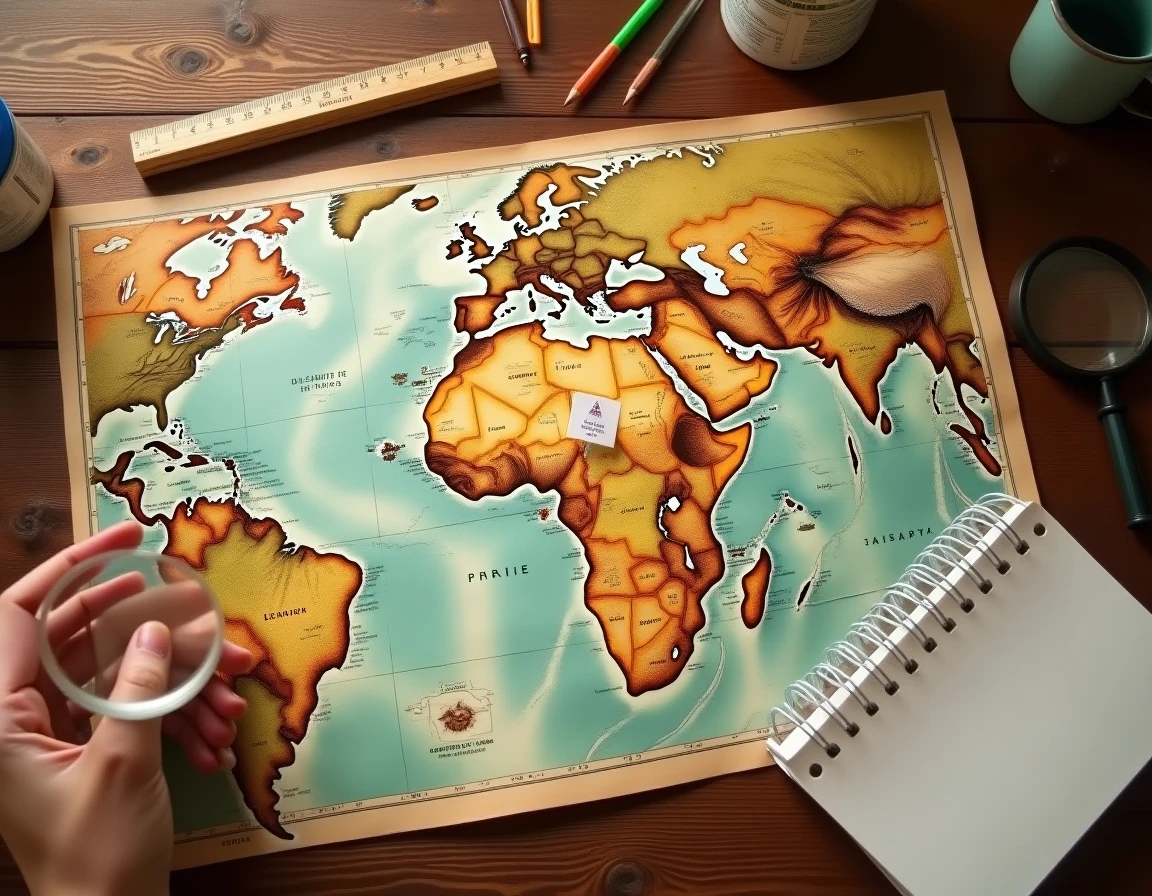 Vue aérienne d'une carte de l'Afrique avec Mayotte épinglée, entourée de matériaux pédagogiques de géographie