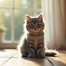 Chat angora gris assis sur un sol en bois ensoleille