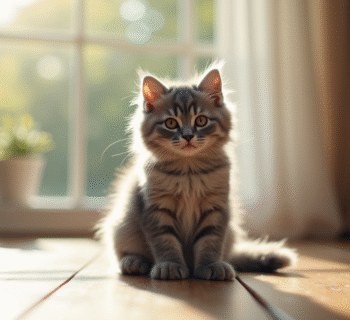 Chat angora gris assis sur un sol en bois ensoleille
