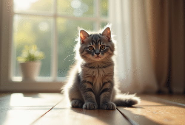 Chat angora gris assis sur un sol en bois ensoleille