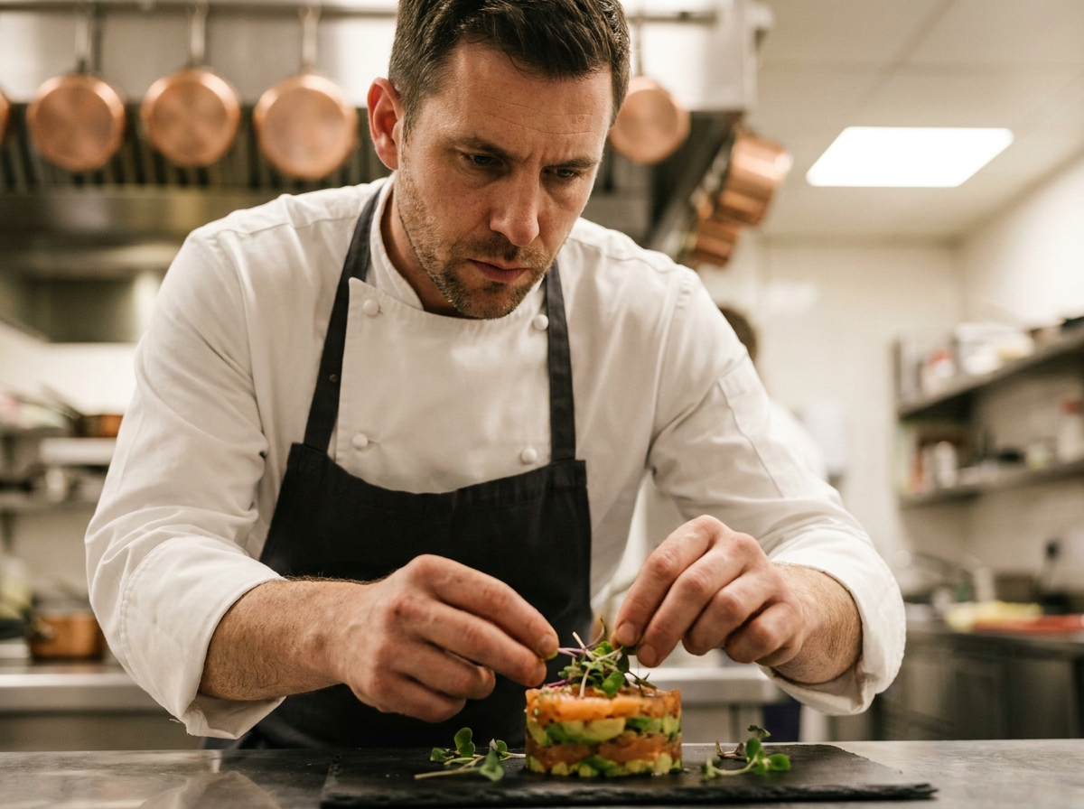 Chef cuisinier professionnel en veste blanche dressant une assiette raffinée dans la cuisine d'un traiteur haut de gamme à Paris, expression concentrée et gestes précis