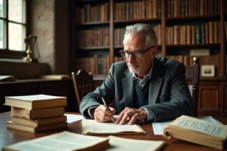 Chercheur en droit historique consultant des ouvrages anciens dans une bibliothèque universitaire
