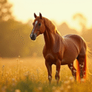 Cheval chataigne élégant dans une prairie ensoleillée