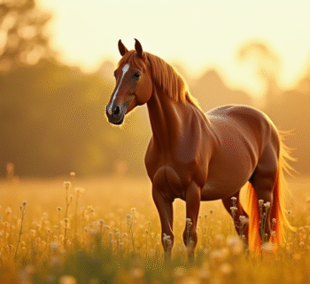Cheval chataigne élégant dans une prairie ensoleillée