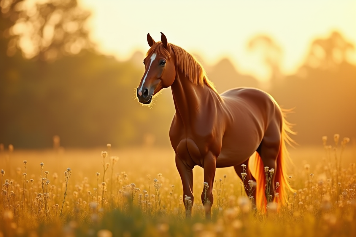 Cheval chataigne élégant dans une prairie ensoleillée