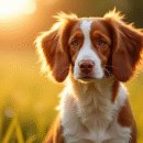 Brittany Spaniel debout dans un champ ensoleille