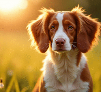 Brittany Spaniel debout dans un champ ensoleille