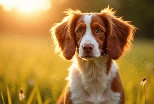 Brittany Spaniel debout dans un champ ensoleille