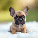 Jeune chiot bulldog francais sur une couverture blanche