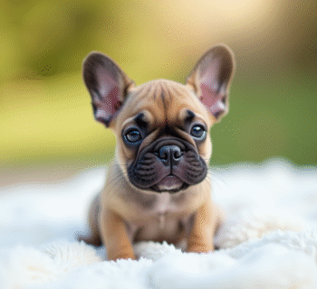Jeune chiot bulldog francais sur une couverture blanche