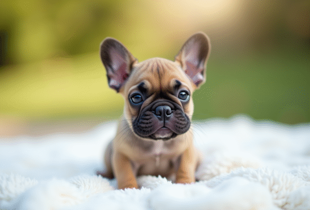 Jeune chiot bulldog francais sur une couverture blanche