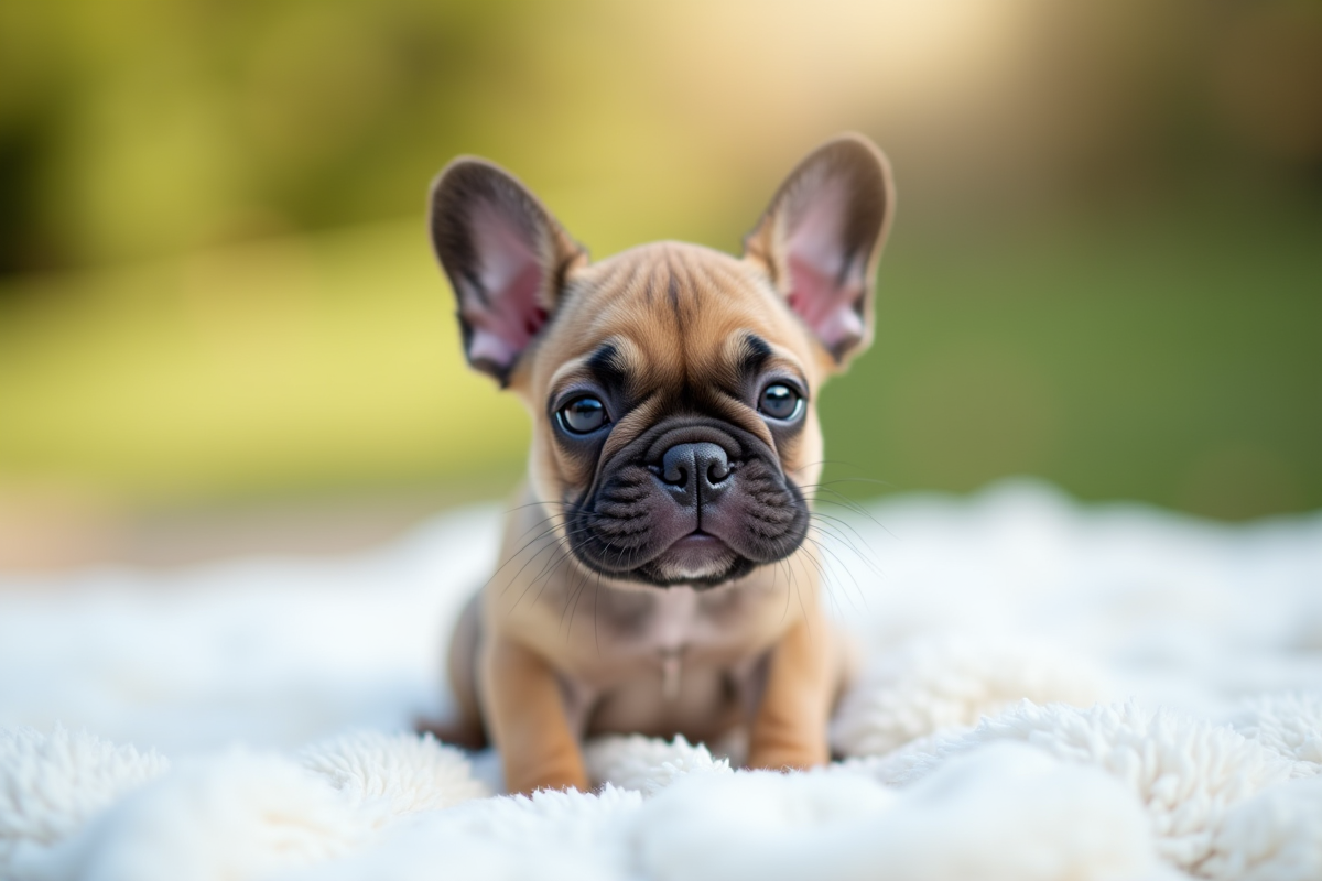 Jeune chiot bulldog francais sur une couverture blanche