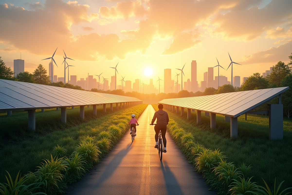 Cite écologique au lever du soleil avec panneaux solaires et turbines éoliennes