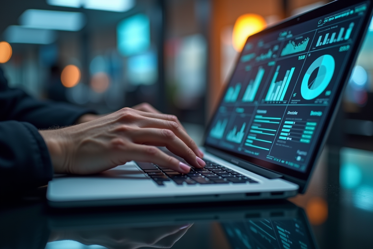Mains tapant sur un ordinateur portable avec dashboards big data