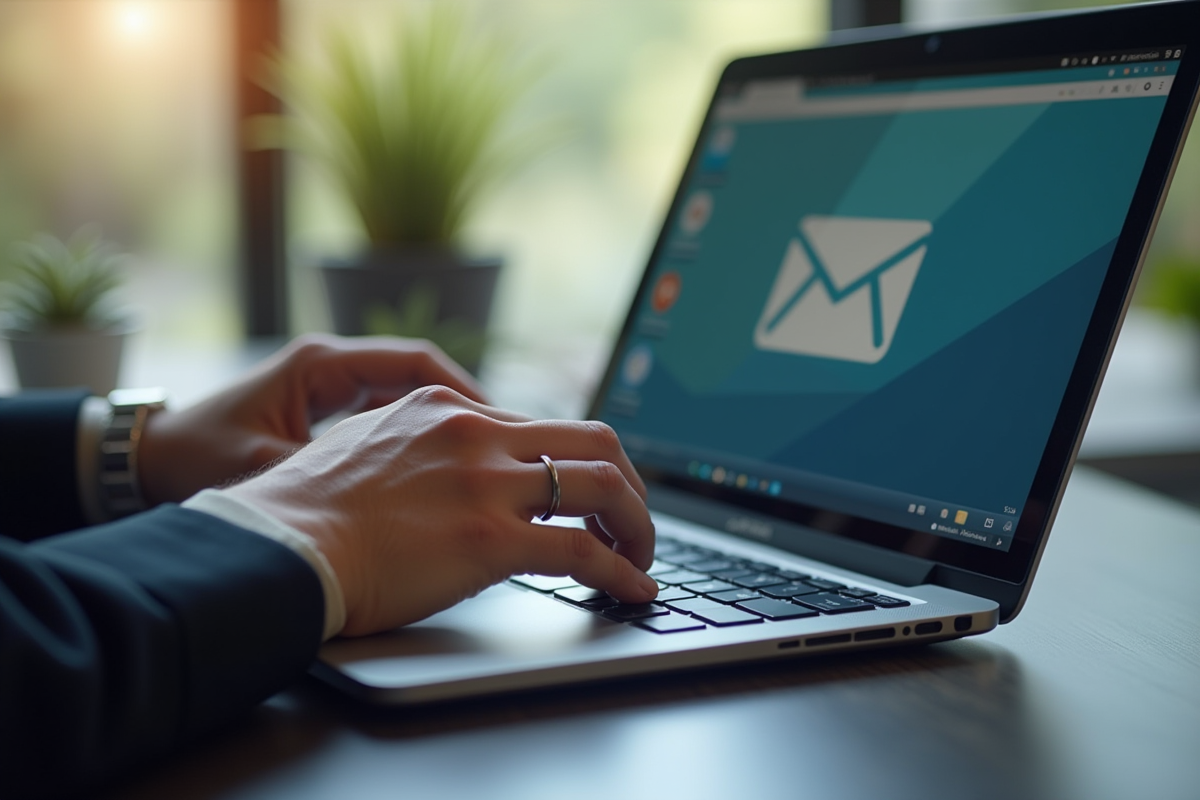 Détails des mains tapant sur un clavier avec une boîte mail affichée