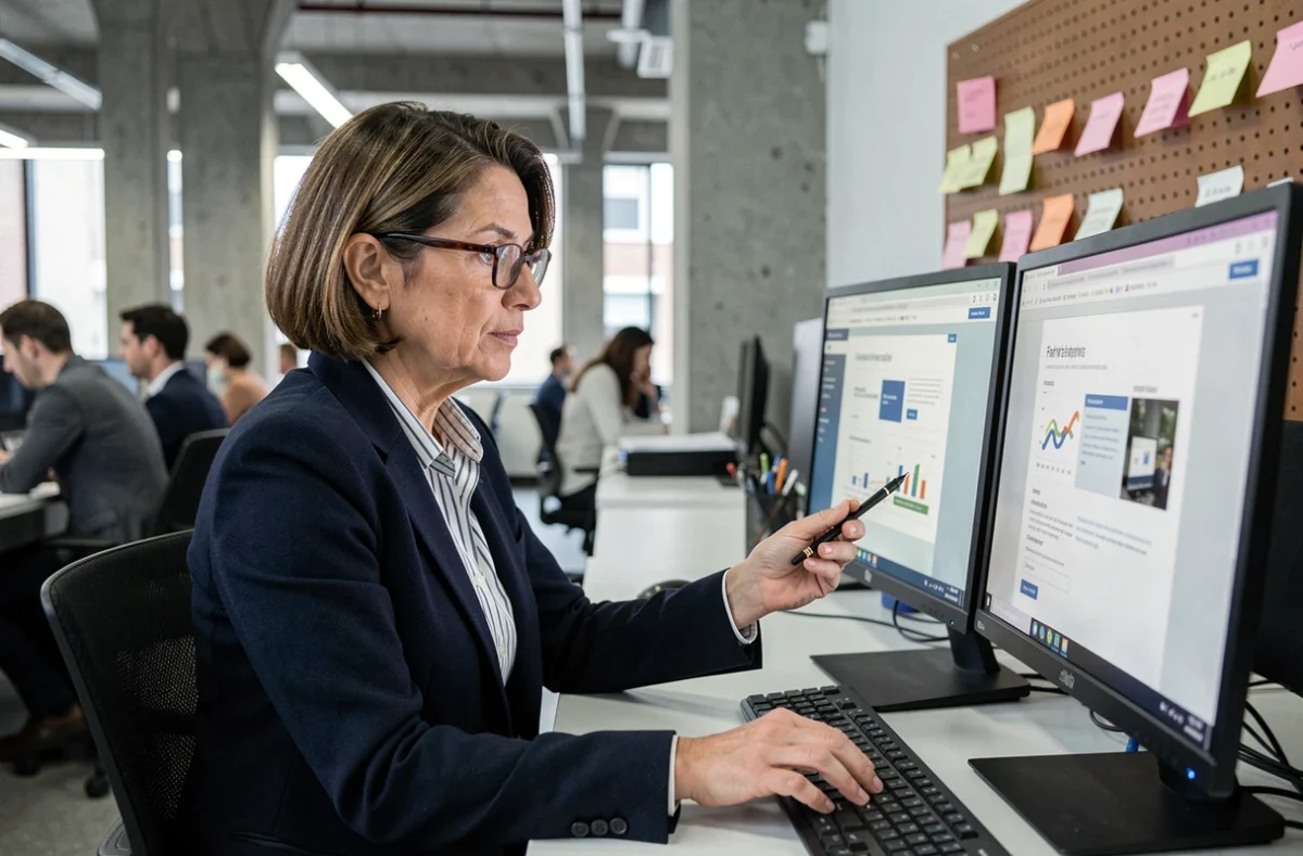 Femme comparant deux maquettes de design de blog sur un grand écran dans un espace de coworking