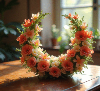 Arrangement floral en U sur table ancienne en bois