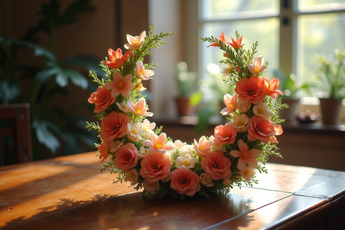 Arrangement floral en U sur table ancienne en bois