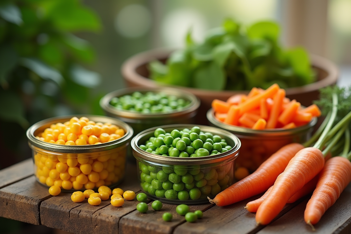 Assortiment de légumes en conserve ouverts sur une table en bois
