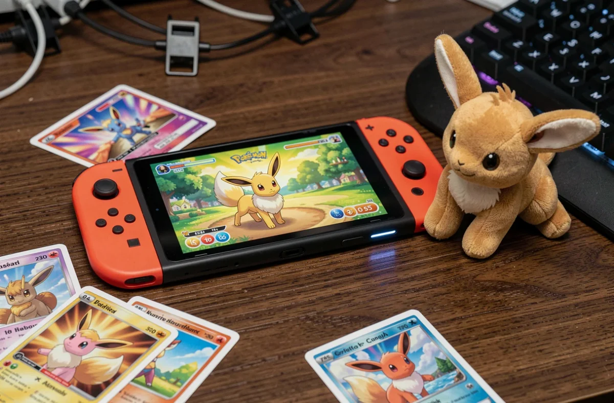 Console Nintendo Switch affichant un jeu Pokémon avec un personnage Évoli à l'écran et une figurine Évoli posée à côté