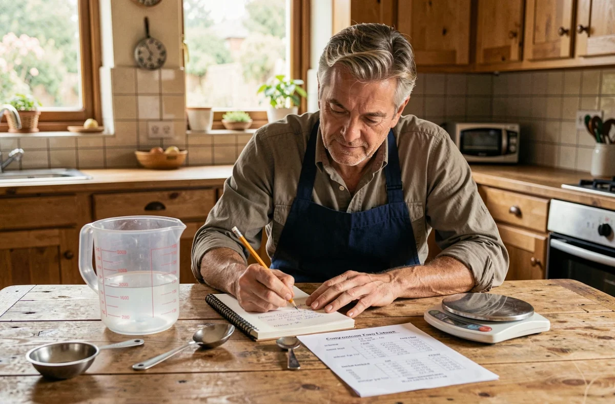Homme assis à une table de cuisine en bois utilisant des outils de mesure et prenant des notes sur la conversion de cm3 en litres
