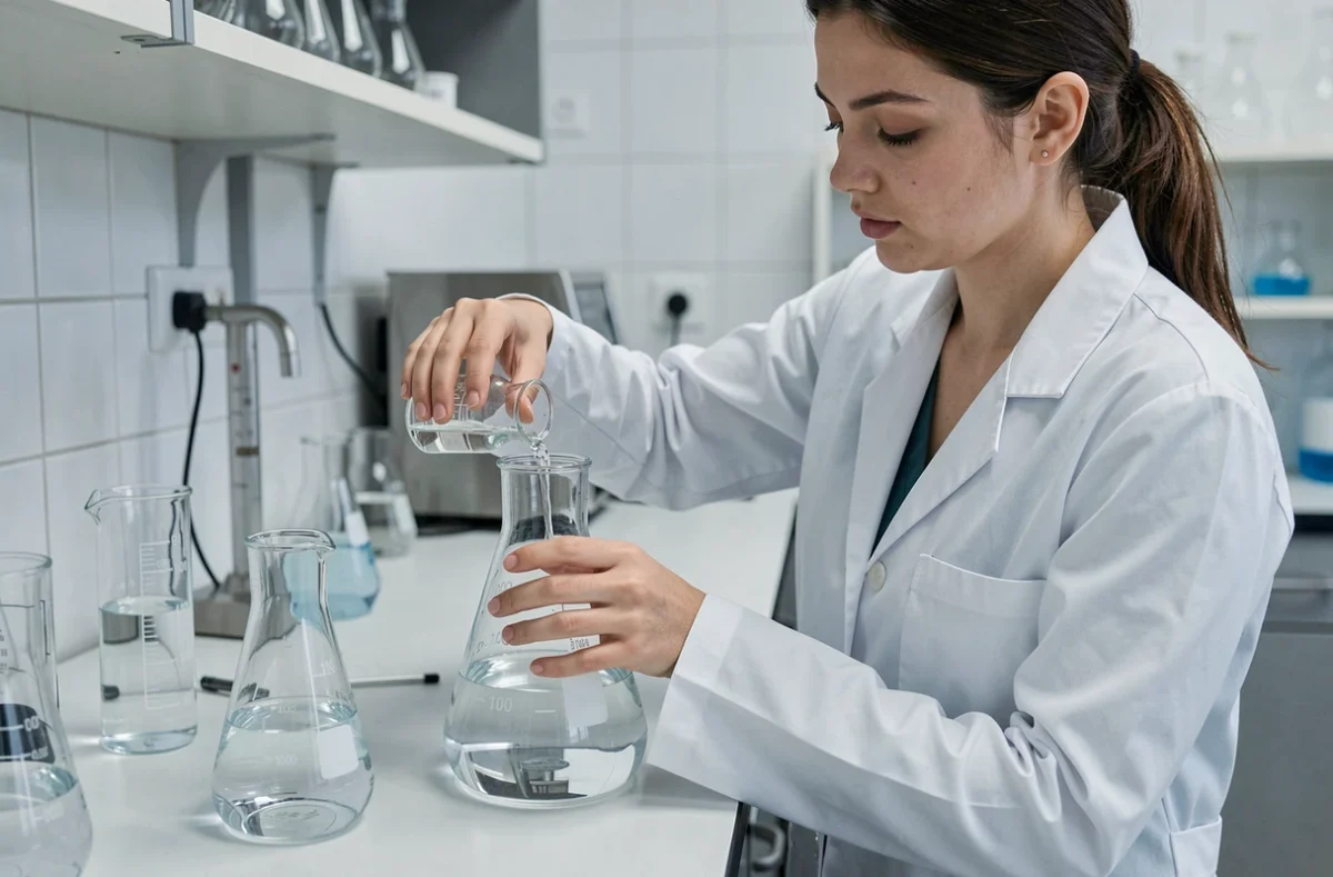 Femme en blouse blanche versant un liquide d'une fiole graduée dans un flacon d'un litre dans un laboratoire scientifique moderne