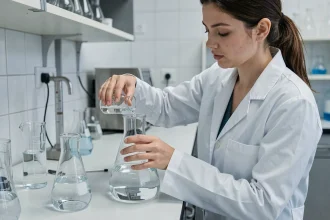 Femme en blouse blanche versant un liquide d'une fiole graduée dans un flacon d'un litre dans un laboratoire scientifique moderne