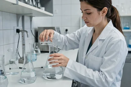 Femme en blouse blanche versant un liquide d'une fiole graduée dans un flacon d'un litre dans un laboratoire scientifique moderne