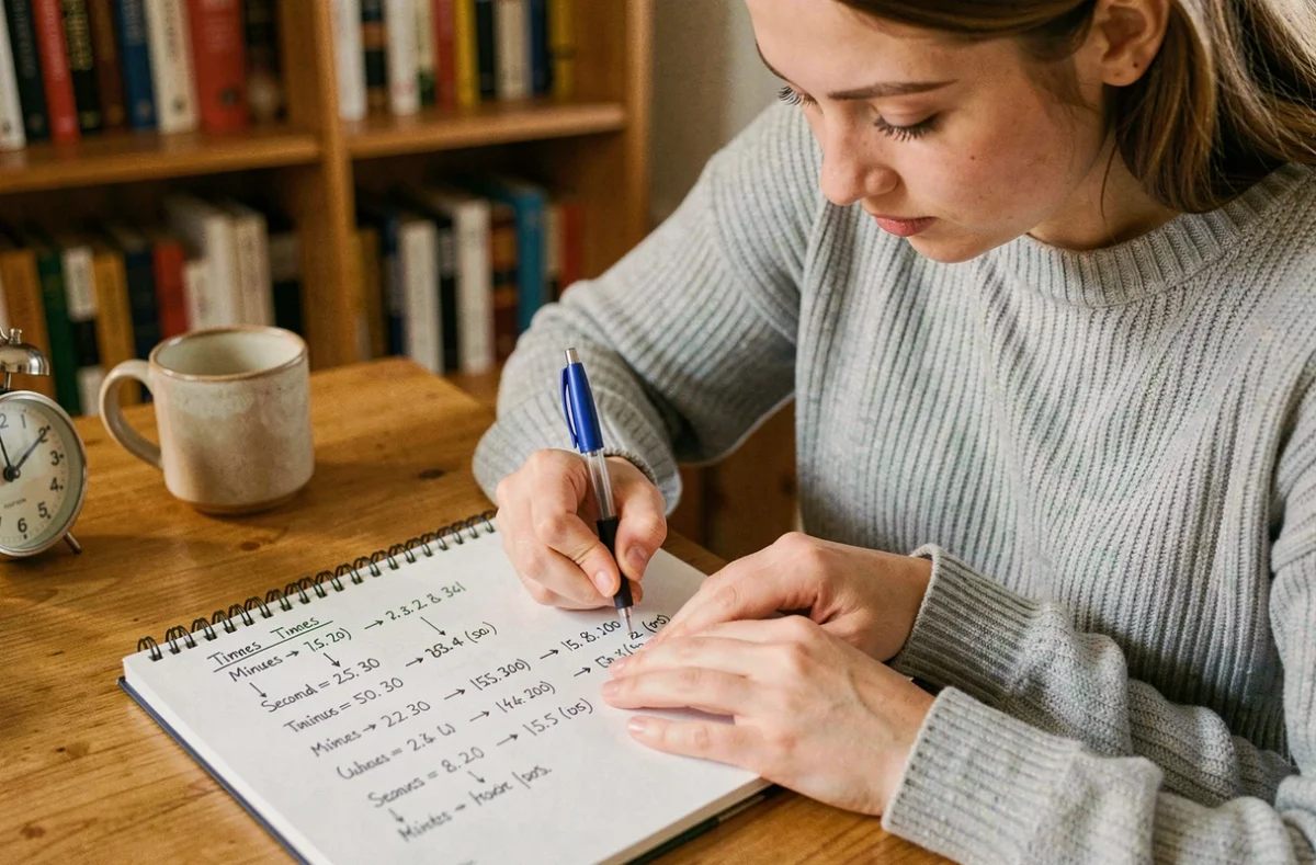 Femme écrivant des conversions de secondes en minutes et heures dans un carnet sur un bureau en bois