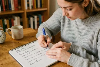 Femme écrivant des conversions de secondes en minutes et heures dans un carnet sur un bureau en bois