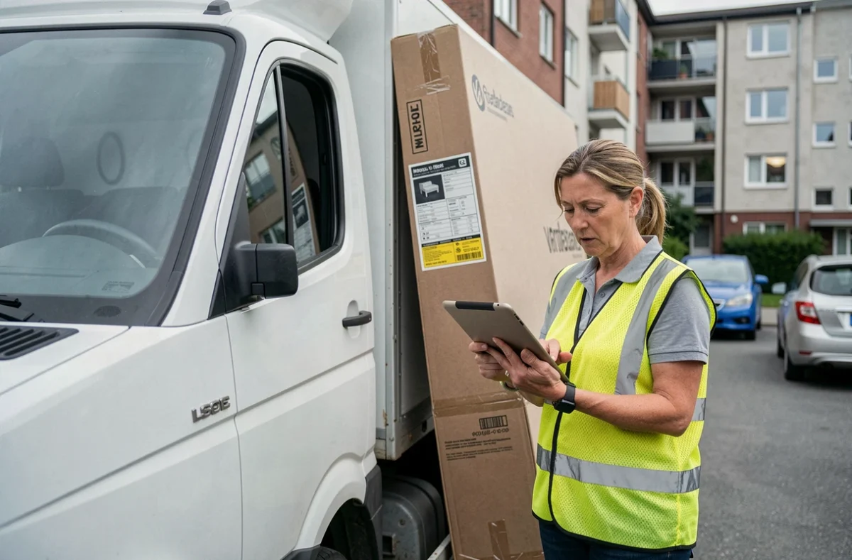 Coordinatrice logistique en gilet jaune vérifiant une commande de gros colis à côté d'un camion de livraison en milieu urbain