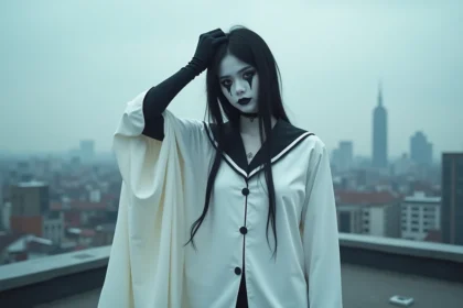 Cosplayeur incarnant Ulquiorra Schiffer en uniforme blanc d'arrancar sur un toit urbain sous ciel nuageux