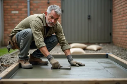 Ouvrier qui lisse une dalle de béton fraîchement coulée sur une terrasse extérieure en construction