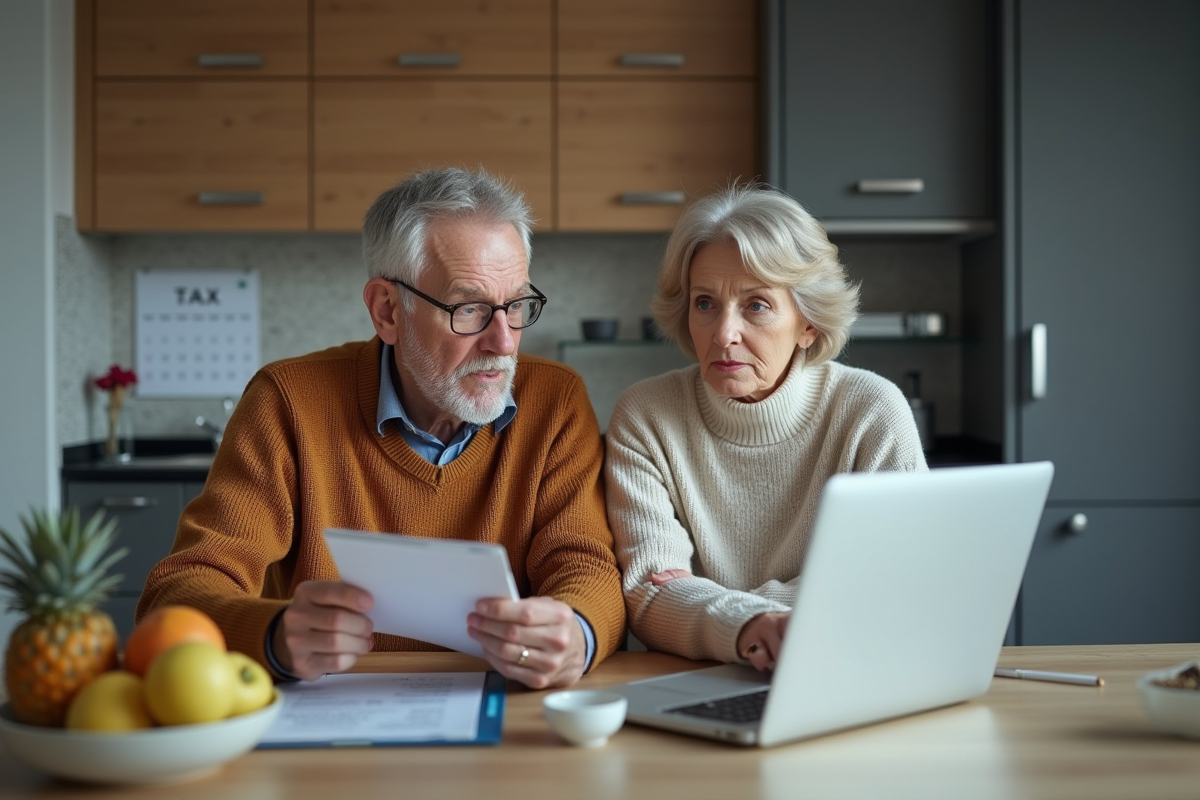Couple retraité vérifiant leur déclaration fiscale sur un ordinateur