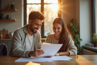 Jeune couple souriant à la cuisine dans un intérieur moderne