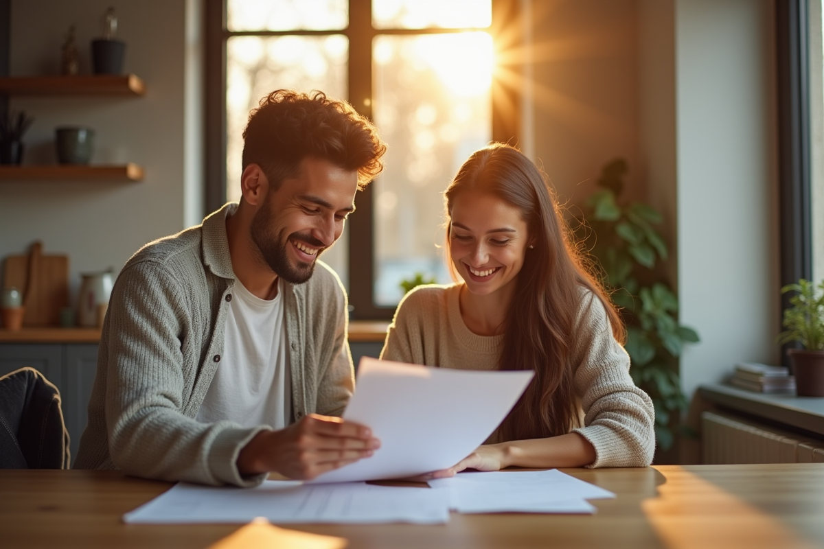 Jeune couple souriant à la cuisine dans un intérieur moderne