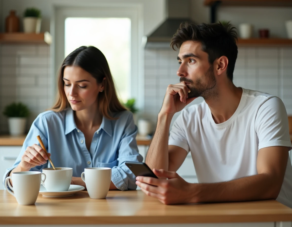 Couple en silence à la table de cuisine après une dispute, tension relationnelle entre homme et femme le matin