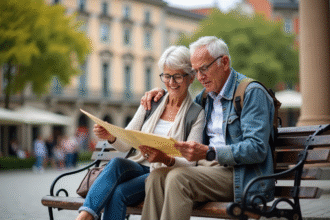 Couple retraité étudiant une carte dans un square européen