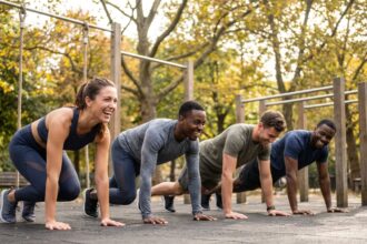 Groupe d'amis adultes qui rigolent en faisant des burpees lors d'un cours de bootcamp en plein air dans un parc urbain