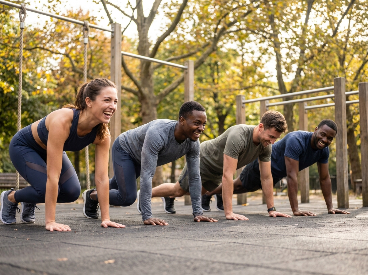 Groupe d'amis adultes qui rigolent en faisant des burpees lors d'un cours de bootcamp en plein air dans un parc urbain