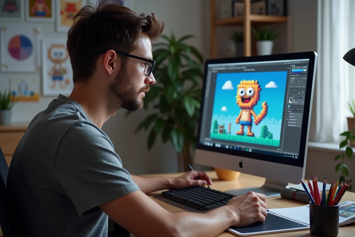 Homme créant un personnage pixel art 8-bit sur un logiciel de dessin devant un écran d'ordinateur dans un bureau organisé