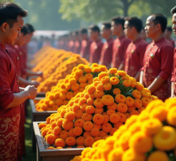 Cérémonie funéraire colorée en Asie du Sud-Est avec des personnes en tenue traditionnelle