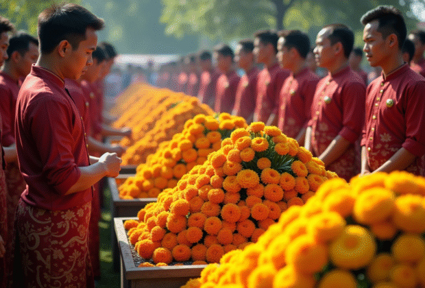 Cérémonie funéraire colorée en Asie du Sud-Est avec des personnes en tenue traditionnelle