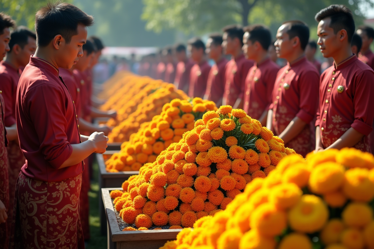Cérémonie funéraire colorée en Asie du Sud-Est avec des personnes en tenue traditionnelle