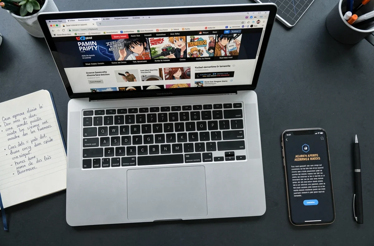 Vue aérienne d'un ordinateur portable ouvert sur un site de scan manga avec un carnet de notes sur la cybersécurité et un smartphone affichant une alerte, symbolisant les dangers des sites de lecture illégaux