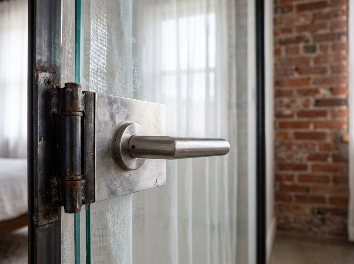 Détail d'une poignée de porte verrière battante avec rideau voilage blanc côté chambre, solution décorative pour préserver l'intimité dans un loft industriel