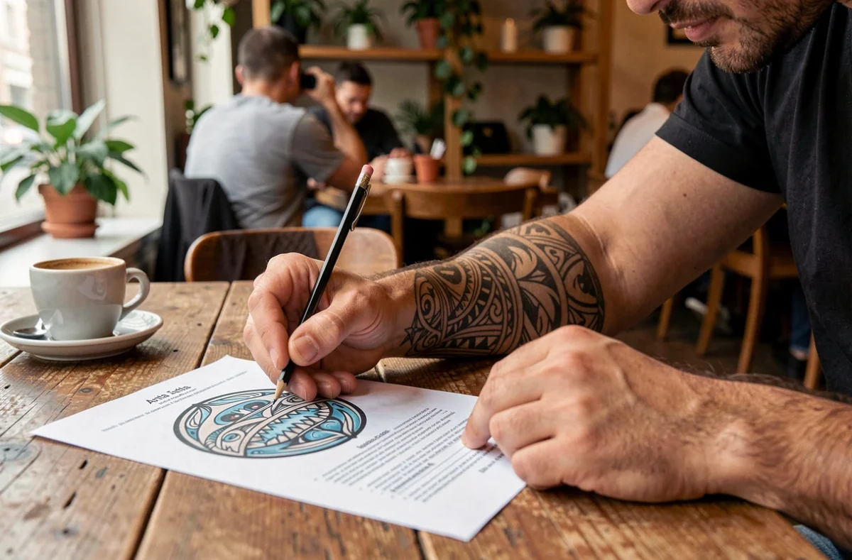 Détail d'un tatouage polynésien sur l'avant-bras d'un homme comparé à des symboles d'un dictionnaire imprimé depuis un PDF, posé sur une table de café