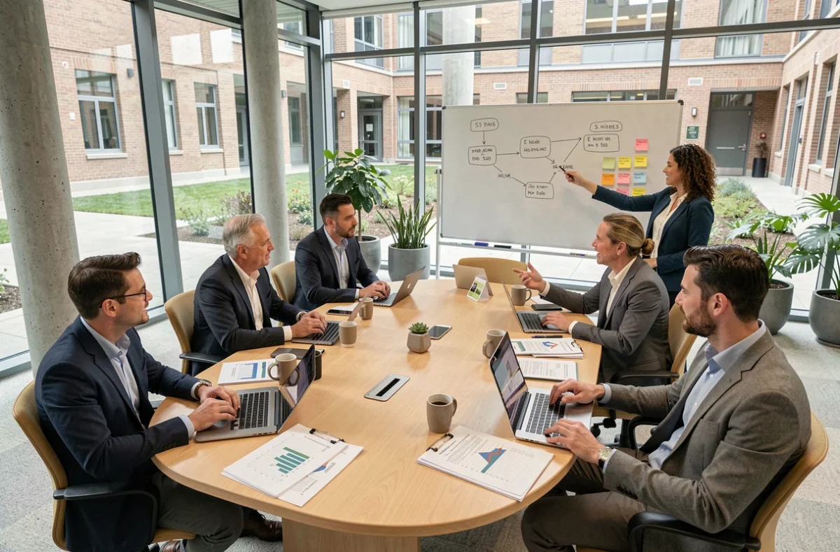 Groupe de scientifiques et représentants de la société civile réunis autour d'une table de conférence universitaire pour un dialogue sciences-société