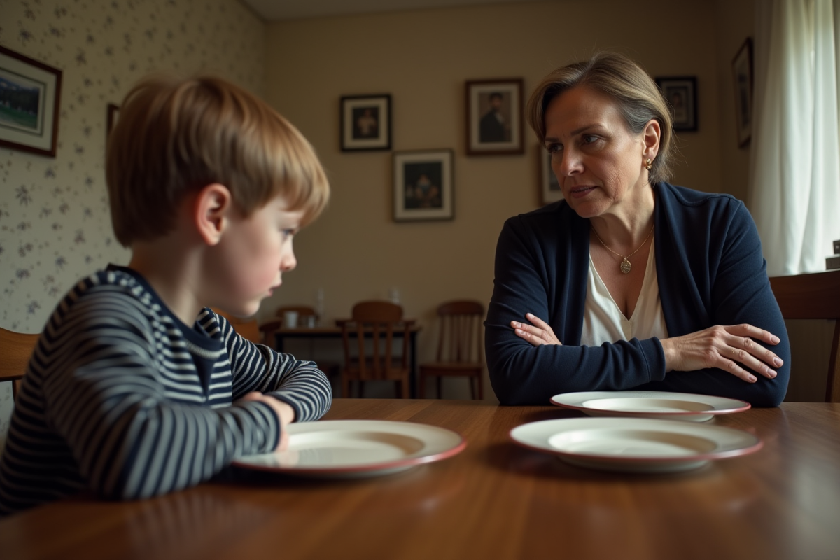 Femme et enfant en tension dans une salle à manger
