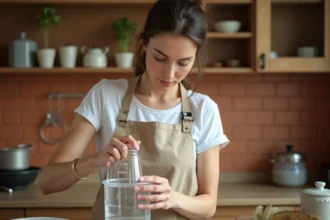 Femme versant de l'eau dans un récipient gradué de 600 ml dans une cuisine pour un dosage précis